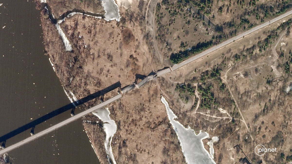 Planet imagery taken on Saturday of the destroyed Kamaryn Slavutych Border Crossing Bridge, which connects Belarus and Ukraine across the Dnieper River:
