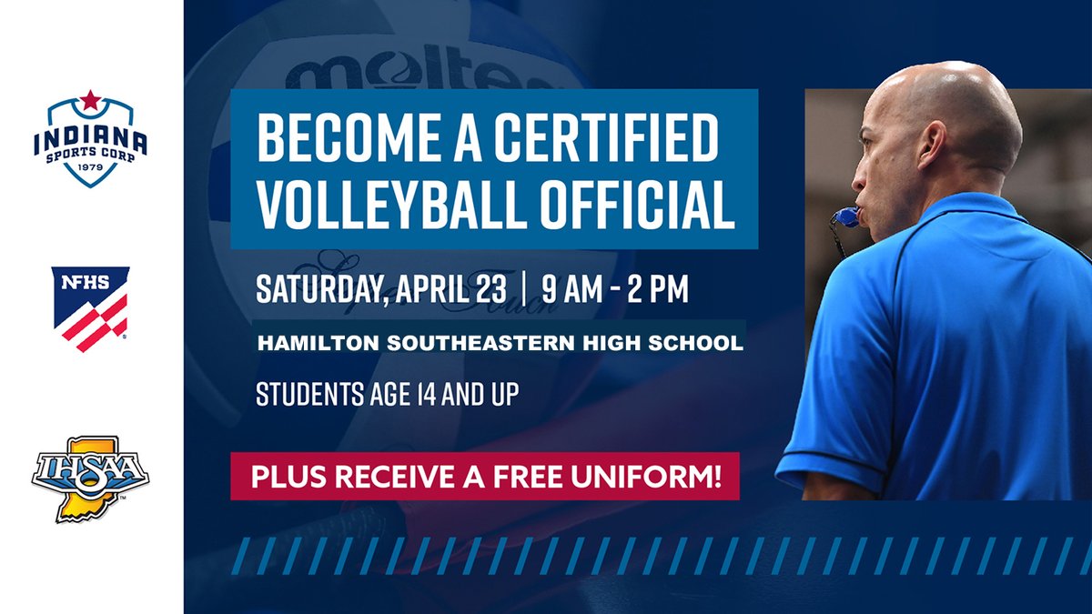 ihsvca's tweet photo. Want to impact the next generation of volleyball players? Become an official. It's FREE. Click the link to register today! https://t.co/UzwbHWvJj5. #IndSportsCorp #NFHS_Org #IHSAA1 https://t.co/gNsrBb4cn7