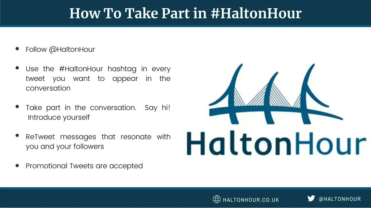 #HaltonHour Thursdays at 8pm,  Invite your friends  🙋
Tell us your news - records broken, books launched, openings planned, new courses, fundraisers, events, amazing products &amp; services, goals smashed, or plans for the weekend!
#Runcorn #Widnes #Halton #community #networking