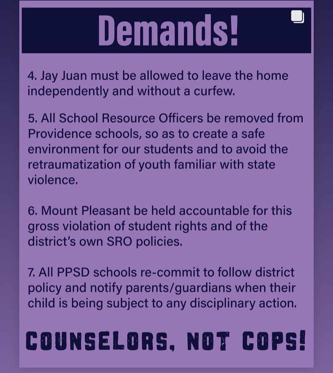 pvdstudentunion's tweet photo. #JusticeForJayJuan #PoliceFreeSchools #CounselorsNotCops @Ariseducation @PrYSMFam @CYCLE_RWU @RIKidsCount ✊🏾 https://t.co/4weoLEFpMC