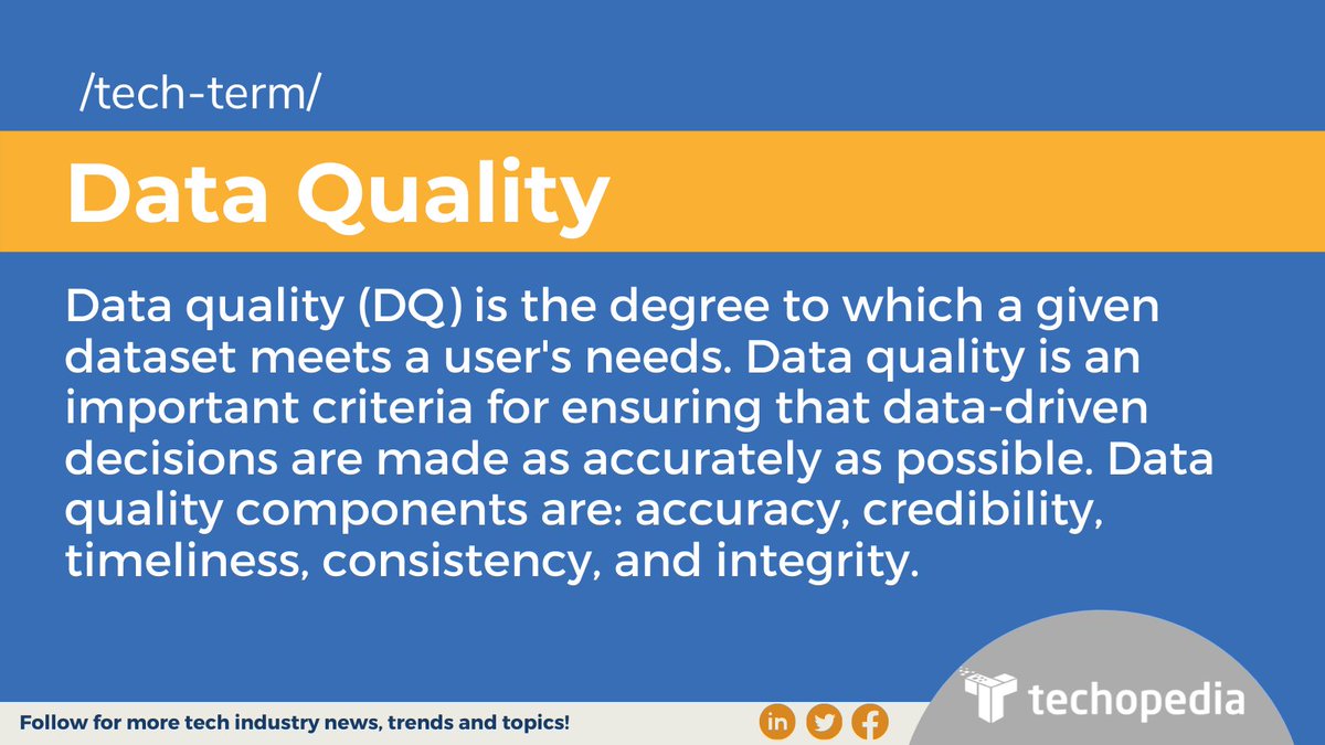 techopedia's tweet image. Currently, there is no global standard for evaluating and verifying #dataquality.
Click to see some examples of how to establish data quality guidelines for your organization: techopedia.com/definition/146…
#bigdata #dataqualityassessment #DQaaS #database
