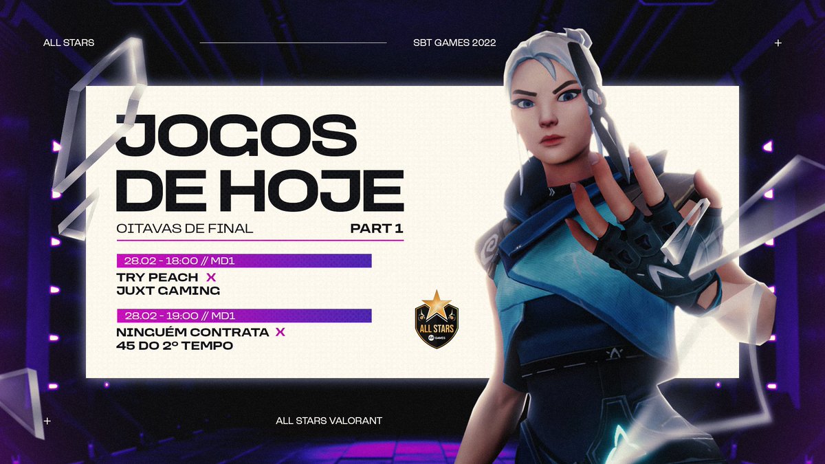 CHEGOU O SBT #AllStarsValorant Feminino🔥🔥
A batalha pelo troféu começa hoje com as oitavas de final

@tryitgg x <a href="/juxtgg/">JUXT GAMING</a>
Ninguém Contrata x 45 do Segundo Tempo

Deixe a sua torcida na nossa Twitch!
📺 twitch.tv/SBTGamesoficial