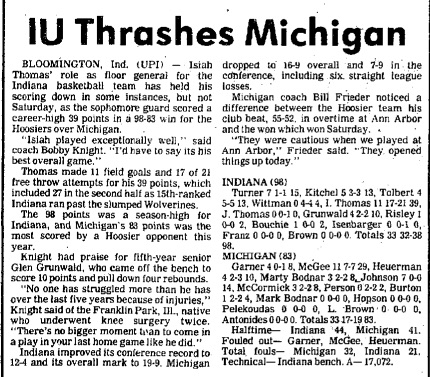 ON THIS DAY-1981: On "Senior Day" for Steve Risley, Ray Tolbert, Phil Isenbarger, and Glen Grunwald, Indiana takes down Michigan 98-83 behind a career-high 39 pts from <a href="/IsiahThomas/">Isiah Thomas</a> to move to 19-9 overall and 12-4 in Big Ten play. #iubb