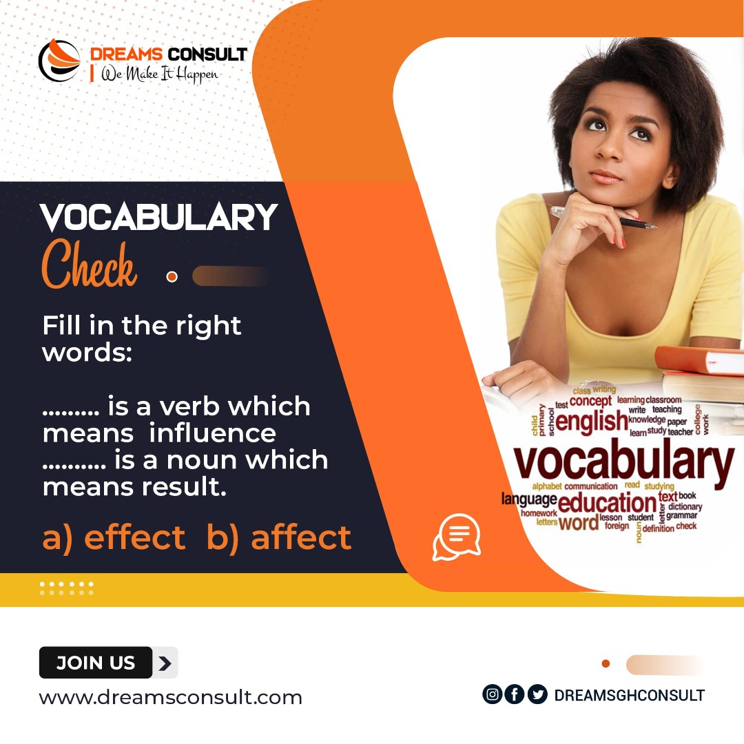 dreamsbridgeltd's tweet photo. Vocabulary Check:
Let us see if you are able to get these right?
Which of these best fits into questions 1 and 2?
a) effect b) affect
.
.
.
.
#vocabularycheck
#DreamsConsult
#IELTStuition
#IELTS https://t.co/XYMYDVCc7I