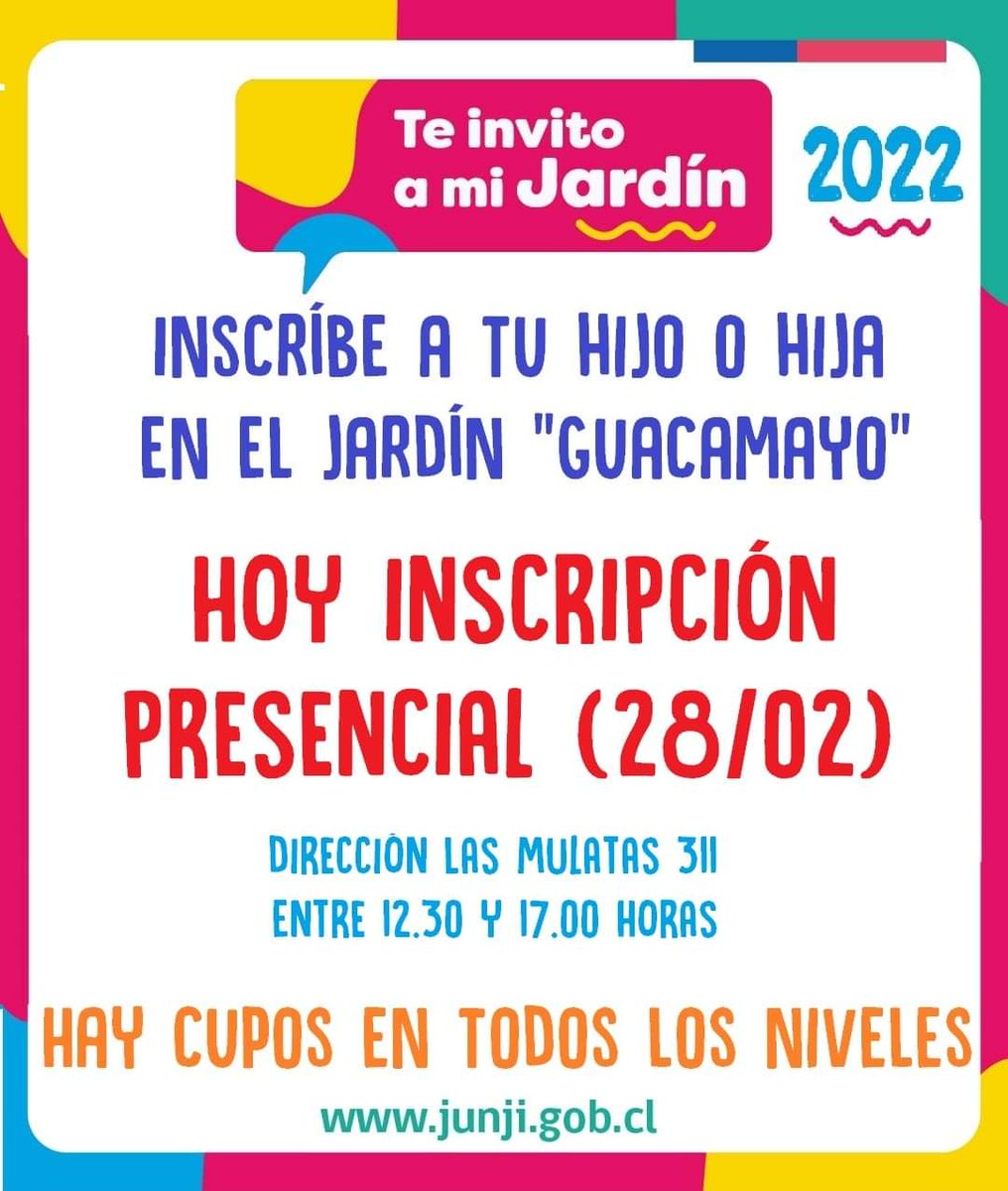 🙌Atención‼️ 🗣Hoy estaremos inscribiendo a los niños y niñas que requieran matricula en nuestro nuevo jardin infantil "Guacamayo". Acércate a Las Mulatas n°311 entre 12:30 y 17:00 horas para concretar la postulación. ¡Te esperamos! 🔁 #Valdivia #valdiviacl