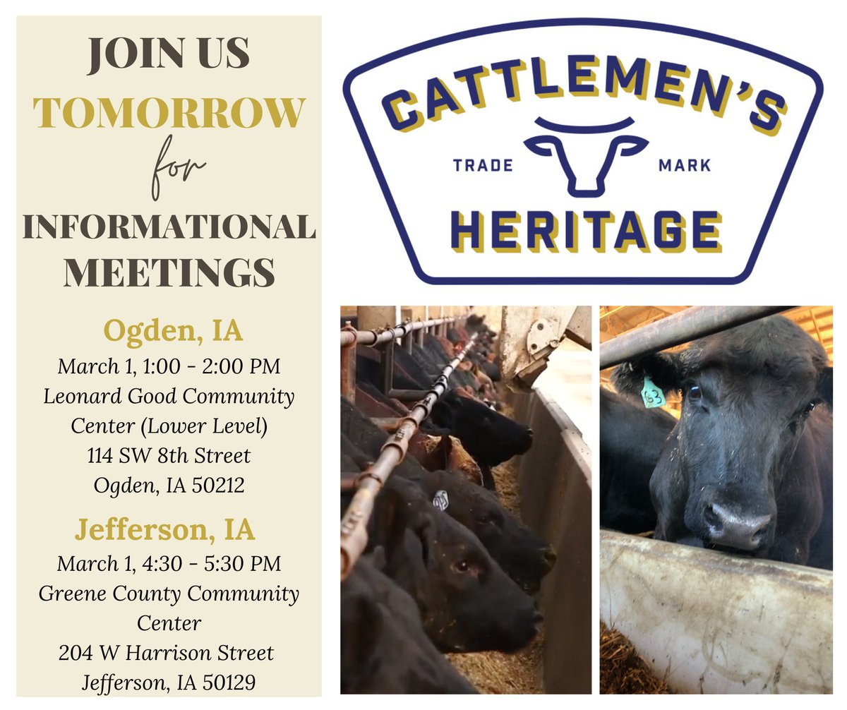 TenCorpInc's tweet photo. Join Cattlemen's Heritage tomorrow in Ogden at 1 PM and Jefferson at 4:30 PM to learn about how the facility will go far in delivering more quality beef from family farms to consumers, create positive economic impact and hear about existing potential investment opportunities. https://t.co/3xSgmaivtl