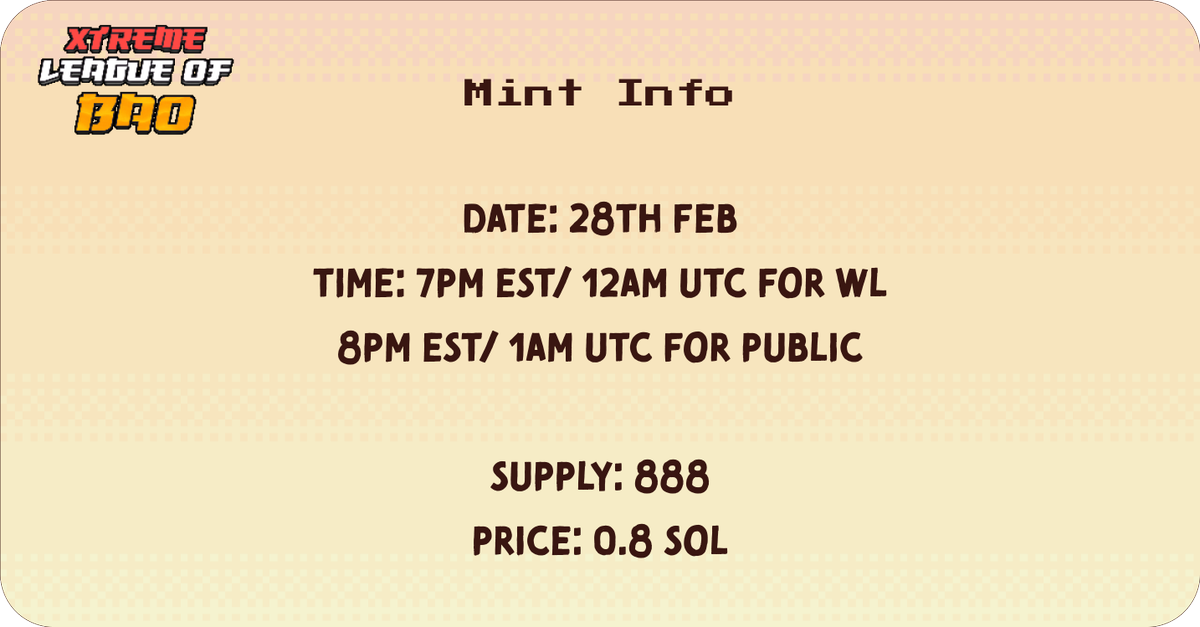 Today is the day! We hope you join us in minting your NFT players in the Xtreme League of Bao 👑

Mint details below 👇

#NFTLaunch #NFTdrop #NFTCollection #NFTMintAlert