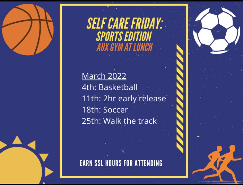 NWcounselors's tweet photo. March Self Care on Fridays in the AUX Gym https://t.co/iducnmX8Wf