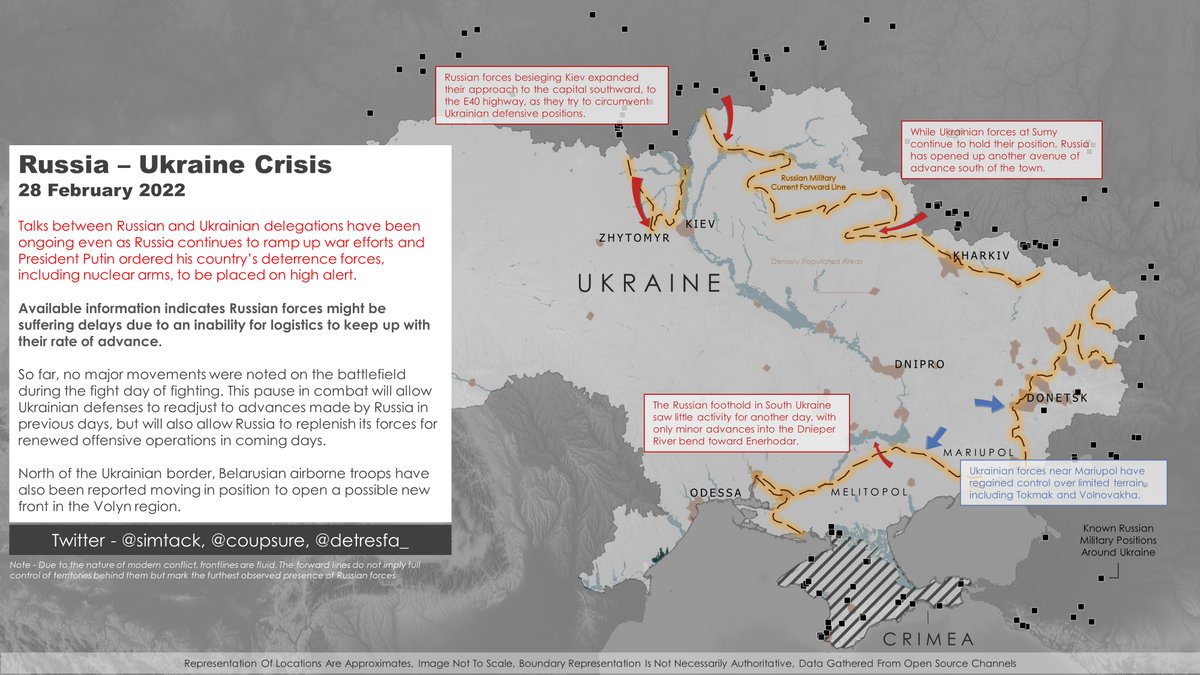 COUPSURE's tweet image. Russia has not made any major progress in the last 24 hours. According to available intel, this may be the result of logistics failing to keep up with the pace of advancement. 

Map work with @detresfa_ and @SimTack