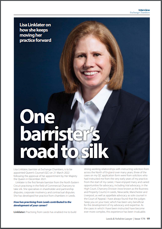 ExchangeC's tweet photo. Fantastic to see an interview with Exchange Chambers' very own Lisa Linklater (@LisaLinklater) in the February 2022 edition of the Leeds &amp; Yorkshire Lawyer, out today: https://t.co/vcSC2V8y0T https://t.co/LHkcwZroxJ