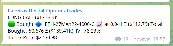 laevitas1's tweet photo. ETH calls coming through the tape now.
Around 4550 contracts of $4K calls 27May expiry.
(Not sure bought or sold, API has tagged them as bought however) https://t.co/EA2VfOi3gv