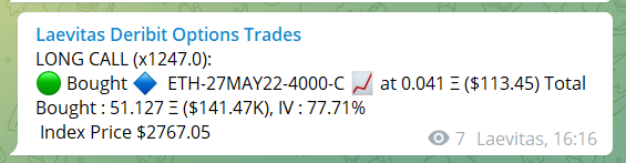 laevitas1's tweet photo. ETH calls coming through the tape now.
Around 4550 contracts of $4K calls 27May expiry.
(Not sure bought or sold, API has tagged them as bought however) https://t.co/EA2VfOi3gv