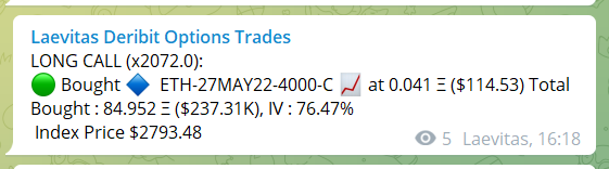 laevitas1's tweet photo. ETH calls coming through the tape now.
Around 4550 contracts of $4K calls 27May expiry.
(Not sure bought or sold, API has tagged them as bought however) https://t.co/EA2VfOi3gv
