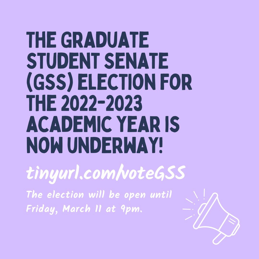 UNH_GSS's tweet photo. GSS election for 22-23 AY is now underway!
link: https://t.co/LO6CQcctQi 
Grads can vote once via log-in. Election open until 9 PM 3/11/22.
Elected positions carry 1-year term. Vote for Executive Committee, college senator(s), international student and or housing senator(s). https://t.co/JcYooP0aIN