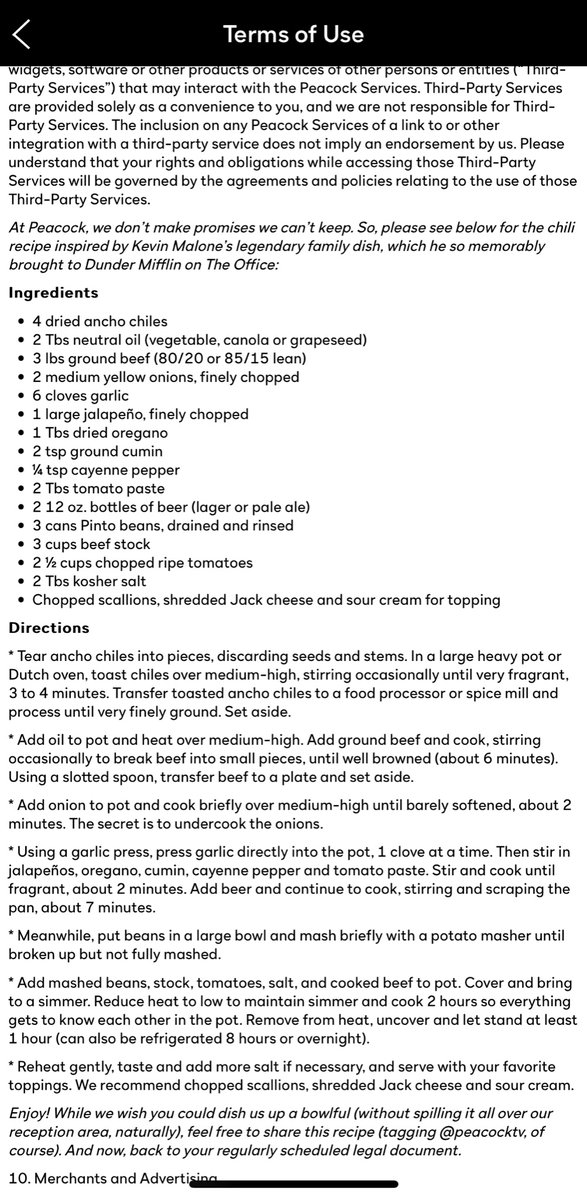 If you need something fun today, I give you the recipe for (@BBBaumgartner) Kevin’s chili from The Office hidden in the Peacock terms of use. https://t.co/ayAK97mjO1