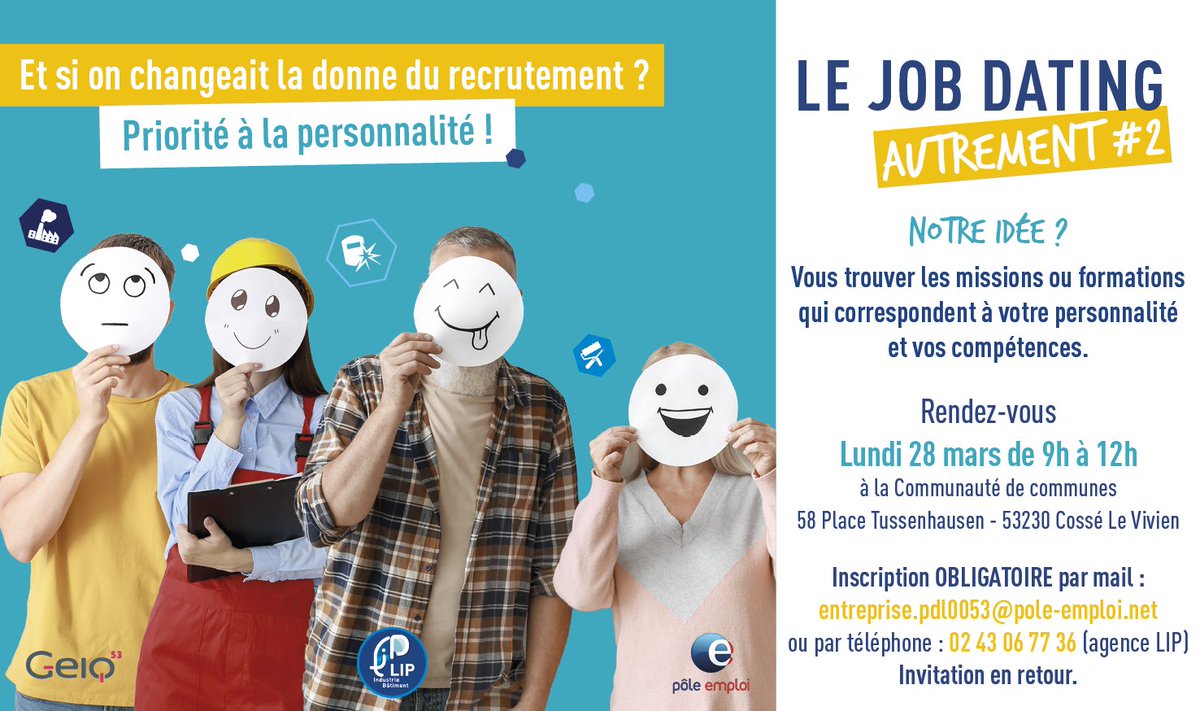 📢 Faire ➕pour ceux qui en ont le➕besoin❗ 
Tel est l'objet du #partenariat de @poleemploi_PDL #chateaugontier avec les <a href="/Geiq_PDL/">Les Geiq des Pays de la Loire</a> #53 et #LIPIntérim  🙏Pour cela ❓ Une rencontre "Du candidat à l'entreprise" #TousMobilisés #1jeune1solution #DELD #DEBOE #BRSA #OnEstLàPourVous 🚀
