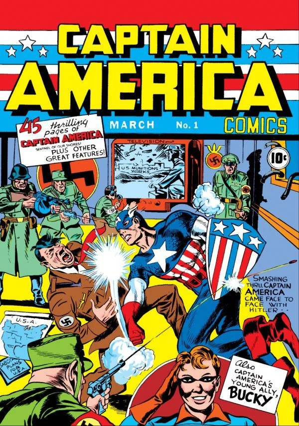 thenerdtheword's tweet photo. Today in nerd history, Captain America issue 1 was released in 1941. The cover featured "Cap" punching Hitler square in the face, during the height of the second World War. https://t.co/MCmHjAb9GY