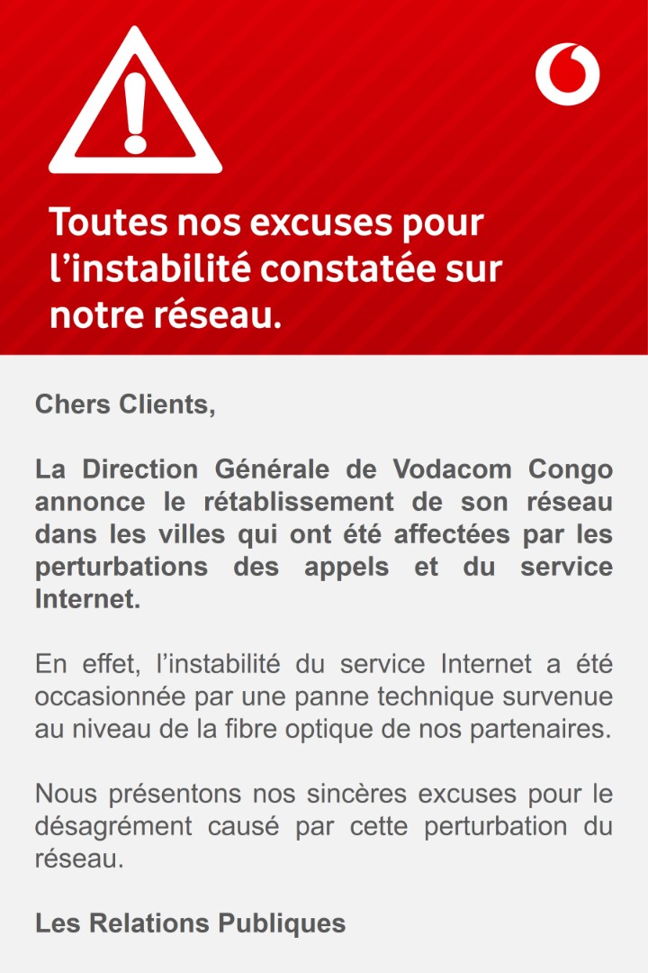 Vodacomcongo's tweet photo. Chers Clients,

La Direction Générale de Vodacom Congo annonce le rétablissement de son réseau dans les villes qui ont été affectées par les perturbations des appels et du service Internet.

Les Relations Publiques

#VodacomRDC https://t.co/GbPXB3v0pr