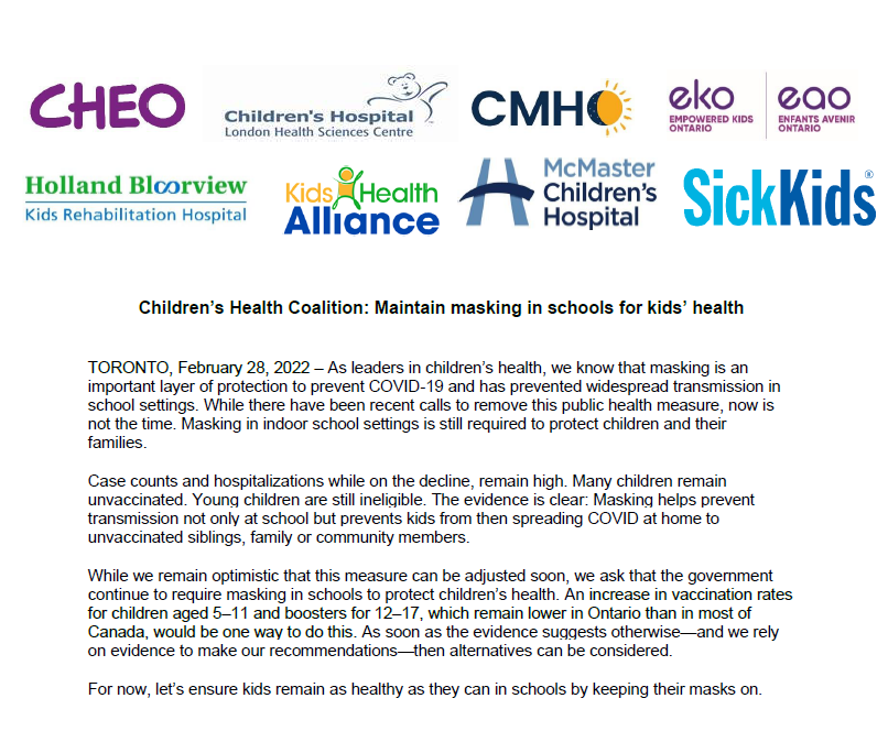 CHCOntario's tweet photo. For now, let’s ensure kids remain as healthy as they can in schools by keeping masks on. Masking in indoor school settings protects children and their families. As soon as the evidence suggests otherwise, then alternatives can be considered. 

#onpoli #COVID19 #onted https://t.co/p165JRx4a8