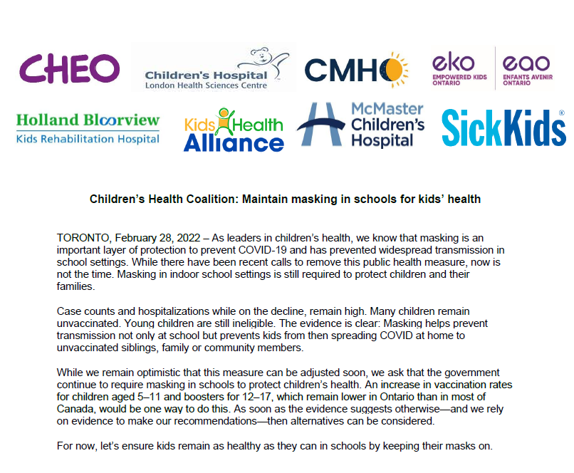 For now, let’s ensure kids remain as healthy as they can in schools by keeping masks on. Masking in indoor school settings protects children and their families. As soon as the evidence suggests otherwise, then alternatives can be considered. 

#onpoli #COVID19 #onted