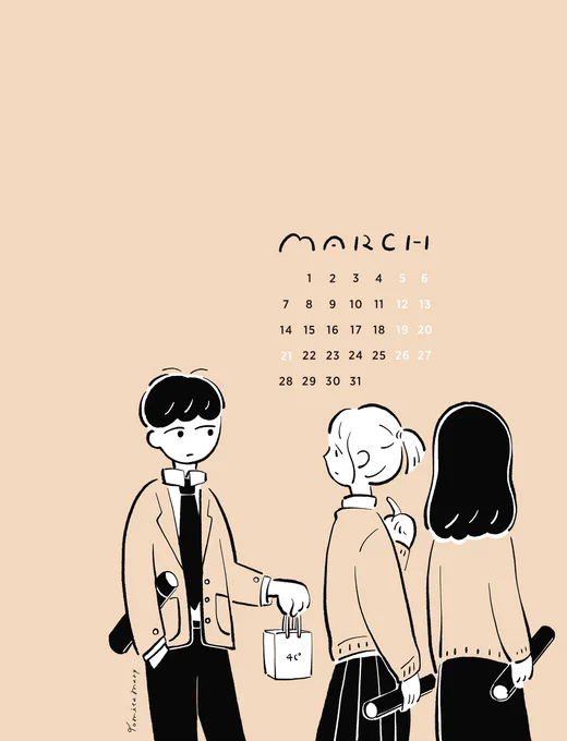 3月の待受カレンダーができました!
今月のテーマは「ホワイトデー」と「卒業式」です。
先月の続きで、「バレンタインのお返しがガチな男の子とチョコをあげたことを忘れている女の子」を描きました🤍🎓
#冨田マリーの待受カレンダー 