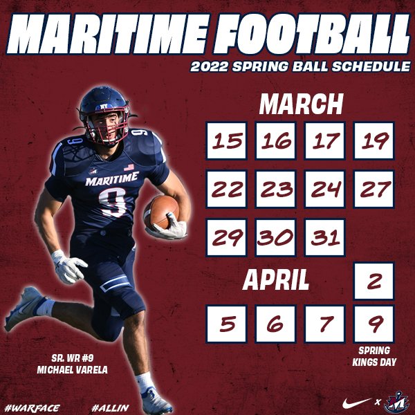 MaritimeFB's tweet photo. 2022 Spring Ball Practice Schedule🏈

Weekday start time 4:00 PM.
Weekend start time early morning or late evening.

If any coach or recruit would like to attend meeting/practice, please contact Coach Sterling to set that up (zsterling@sunymaritime.edu) 

#WARFACE 
#ALLIN
🏴‍☠️⚓️ https://t.co/MzsyucgWhy