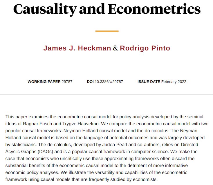 nberpubs's tweet photo. Comparing the econometric causal model with two popular causal frameworks: Neyman-Holland causal model and the do-calculus, from James J. Heckman and Rodrigo Pinto https://t.co/7jwFvCPA1Z https://t.co/OnXPwk28Gn