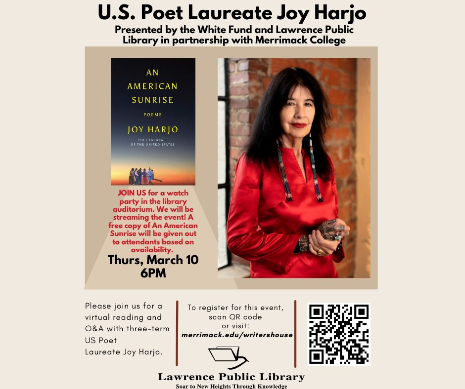 lawfreelibrary's tweet photo. Virtual, Free, and Open to the public!

Join us for an exceptional opportunity to hear United States Poet Laureate Joy Harjo read and discuss her poetry and artistic process. A conversation with Harjo and members of the Lawrence community will follow.

https://t.co/VLpL9oZkkr https://t.co/uskLct08hw