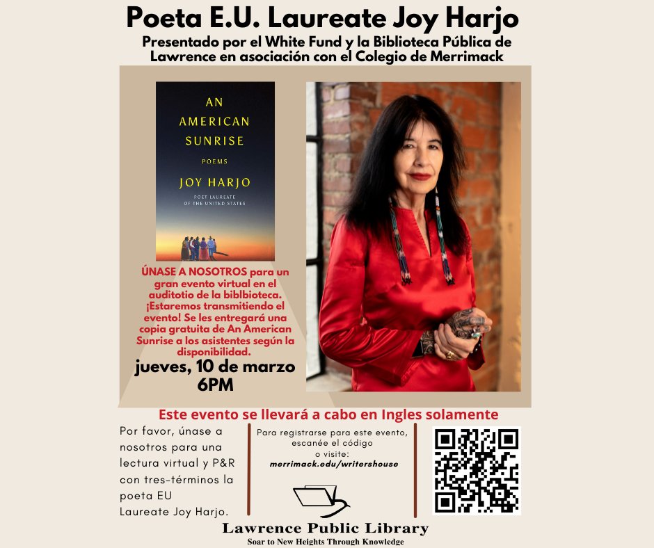 lawfreelibrary's tweet photo. Virtual, Free, and Open to the public!

Join us for an exceptional opportunity to hear United States Poet Laureate Joy Harjo read and discuss her poetry and artistic process. A conversation with Harjo and members of the Lawrence community will follow.

https://t.co/VLpL9oZkkr https://t.co/uskLct08hw