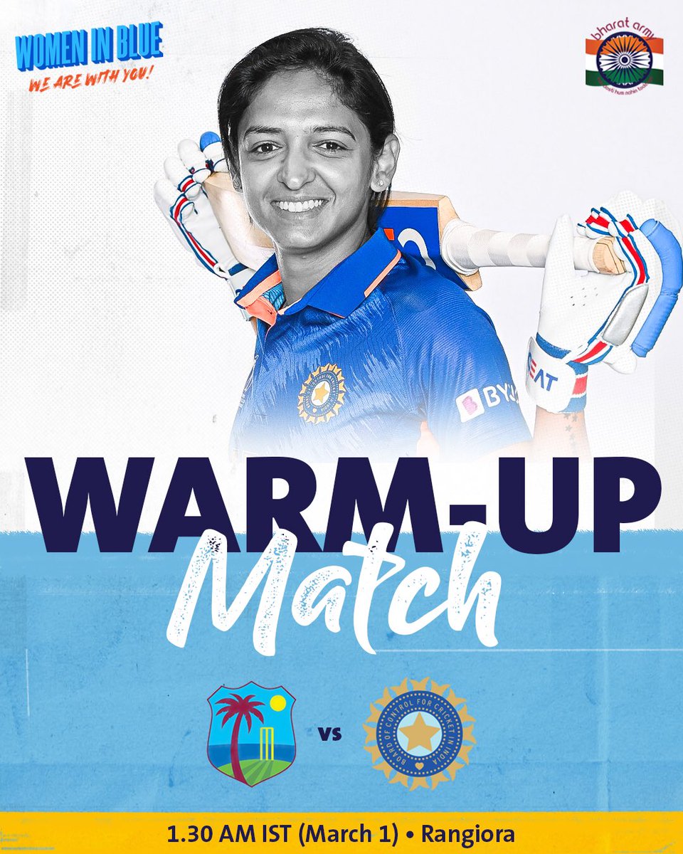 thebharatarmy's tweet photo. โ๏ธ MATCHDAY! India take on West Indies in their second warm-up game.
๐ช Let's win this one and enter the World Cup in style, girls!
๐ท Getty โข #INDWvWIW #WIWvINDW #CWC22 #womenscricket #CWC2022 #RoadToCWC22 #BharatArmy https://t.co/xZlrie1AT3