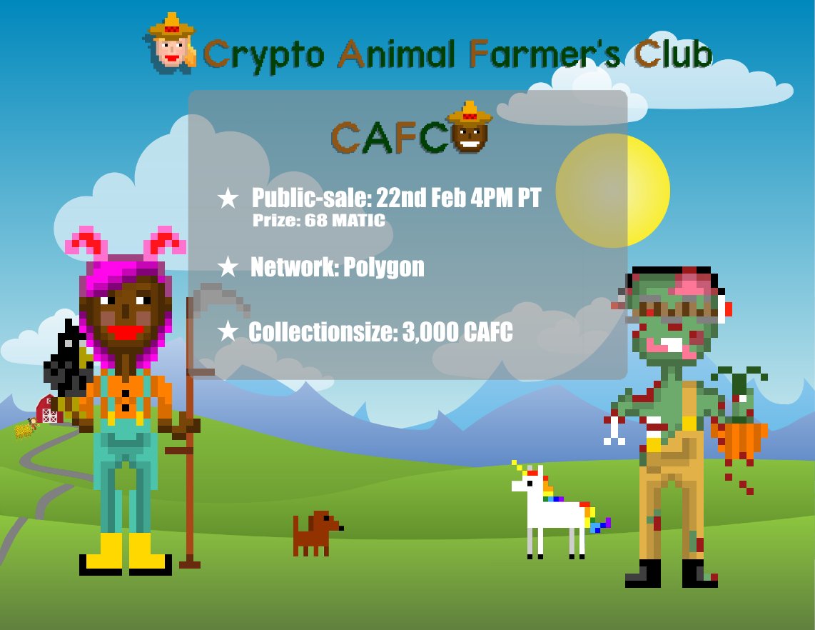 🎁CAFC Giveaway🎁
We are giving away 1 unrevealed CAFC

✅Like + RT
✅Tag 5 friends
✅follow <a href="/AnimalCryptFarm/">CryptoAnimalFarm</a> 

Reveal Date: March 5th !!🚀

🔥Mint Live:
mint.cryptoanimalfarm.com

#nftcollector #NFTs #PolygonNFT #NFTdrop #NFTGiveaway