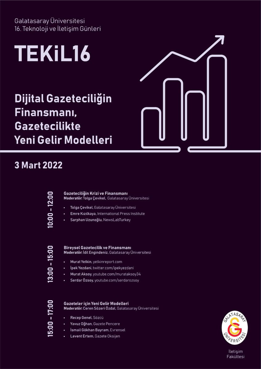 📌Galatasaray Üniversitesi İletişim Fakültesi tarafından 3 Mart 2022 Perşembe günü on altıncısı düzenlenecek olan Teknoloji ve İletişim Günleri #TEKİL16 etkinliğinde bu yıl, dijital gazeteciliğin finansmanı ve gazetecilikte yeni gelir modelleri tartışılacak.