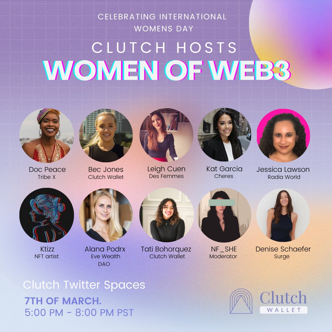We're celebrating International Women's Day with some of your favourite women building in Web3 ✨ 

Join us: 7th March 
👉x.com/i/spaces/1jMKg…

With <a href="/metadocpeace/">DocPeace</a> <a href="/La__Cuen/">leighcuen.substack.com</a>  <a href="/katgarciaonline/">Kat Garcia</a>  <a href="/JessicaLawson92/">Jessica Lawson</a> <a href="/brooklyn_nfts/">K.tizz 🔮</a> <a href="/AlanaPodrx/">Alana Podrx</a> @nftatii <a href="/deeeniseS/">deniseschaefer</a> <a href="/becejones/">Bec Jones 🛠️</a> @NF____SHE