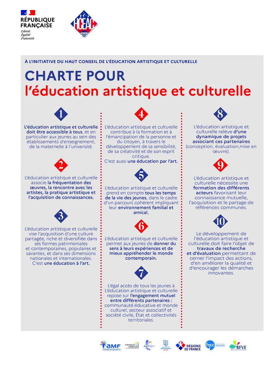 #EACestquoi ? | Retour sur l'éducation artistique et culturelle en 12 tweets : 
1⃣ L'#EAC, c'est d'abord une charte en 10 points, insistant sur plusieurs piliers dont :
👉 L'accessibilité à tous,
👉 La rencontre avec les œuvres et les artistes,
👉 La pratique culturelle
...