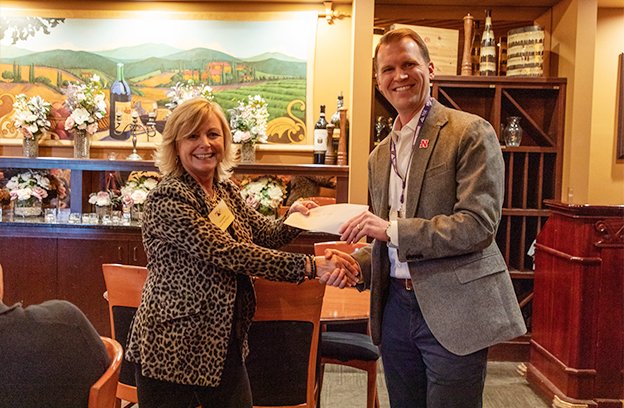 UNLarchitecture's tweet photo. Making connections with academia and the professions, Nebraska Masonry Alliance donates funds to the College of Architecture to establish the Nebraska Masonry Alliance Design Research and Fabrication Grant. 
In photo: Lisa Lackovic and Cameron Andreesen #UNL https://t.co/ELIOAjhoeG