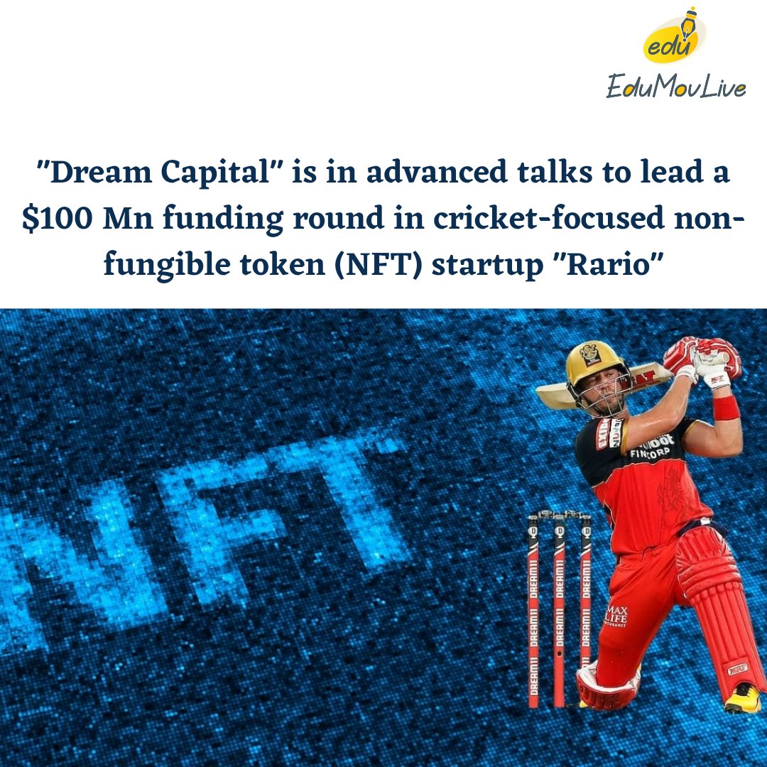 India's first ever official cricket #NFT  platform, #Rario, is in talks to raise $100 million which will be led by #DreamCapital, the investment arm of Dream Sports.
#cricketnft #cricket #Edumovlive #startupindia