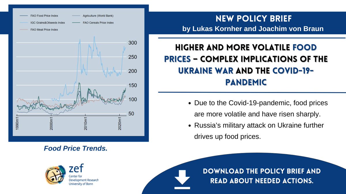 New <a href="/ZEFbonn/">ZEF</a> policy brief on higher &amp; more volatile food prices - implications of the #Ukraine war &amp; Covid-19 pandemic.

Russia and Ukraine provide 30% of world wheat exports. UN, G20 and G7 agendas must address peace &amp; #FoodSecurity.

▶️bit.ly/PoBrEng

@joachimvonbraun