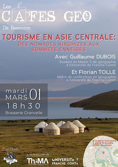 LaboTheMA's tweet photo. ☕️🗺️le #CaféGéo : Tourisme en Asie centrale : des nomades kirghizes aux sommets enneigés c'est demain !   
▶️1er mars à 18h30 #Besancon, brasserie Granvelle
▶️ Organisé par #AGFC - Association des Géographes de Franche-Comté 
▶️ Entrée libre
▶️https://t.co/tHsiztLAQq https://t.co/L44UHbL0F2