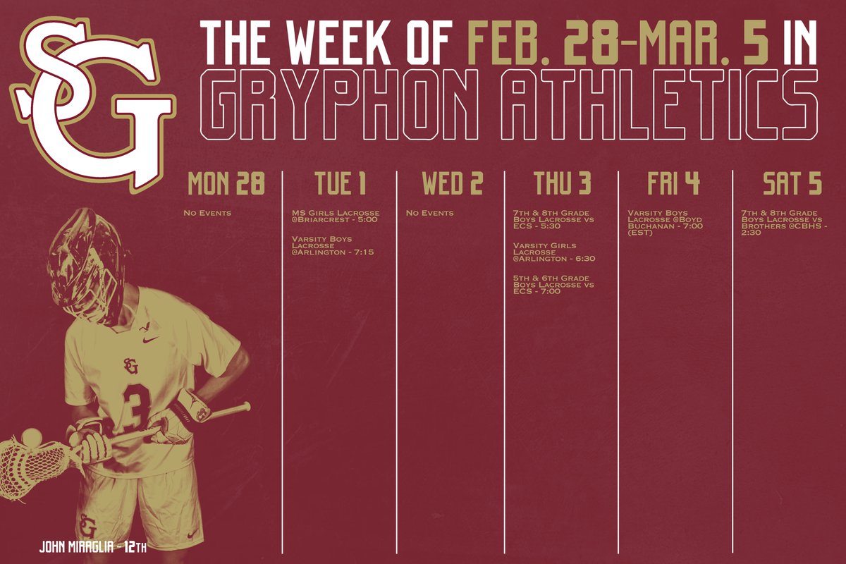 Gryphon Athletics (@gryphnation) on Twitter photo Our schedule this week in Gryphon Athletics! Spring sports in full swing with a lot of lacrosse this week!
#GoGryphons Our schedule this week in Gryphon Athletics! Spring sports in full swing with a lot of lacrosse this week!
#GoGryphons