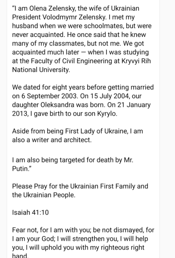 Has everyone seen the letter from the First Lady of Ukraine, Olena Zelensky? Please do, if you haven't.
