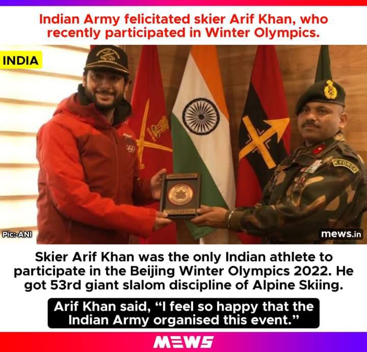 🇮🇳 #Indian Army felicitated skier #ArifKhan who was the only Indian athlete to participate in #Beijing2022WinterOlympics.