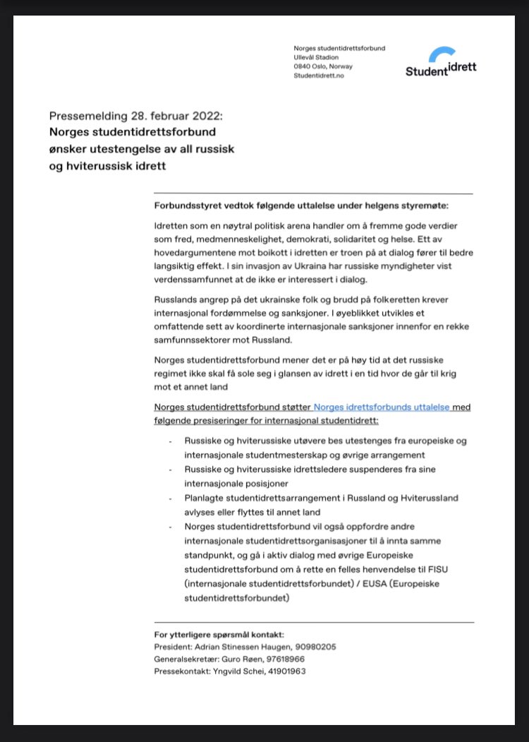 I lys av den siste tids grusomme hendelser ber vi i <a href="/Studentidrett/">Studentidrettsforbundet</a> om at all russisk og hviterussisk idrett utestenges. 

In lights of the recent gruesome events, we are pleading for the exclusion of all Russian and Belarusian sport. 
<a href="/FISU/">FISU</a> <a href="/eusaunisport/">EUSA - University Sports Europe</a> @idrett