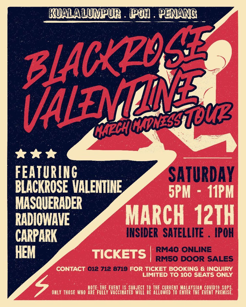 #ONGROUND LIVE :  #BlackroseValentine MARCH MADNESS TOUR
also ft. <a href="/MasqueraderBand/">Masquerader Band</a> <a href="/RadiowaveMy/">RadiowaveMy</a> <a href="/Carpark_/">Carpark</a>  #HEM
at <a href="/insider_satell/">Insider Satellite Ipoh</a> 18-20, 1st. Floor, Jalan Che Tak, #Ipoh #PERAK 
SATURDAY March12 5-11pm
TICKETS HERE: +6012.712.8719