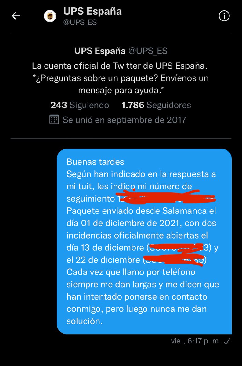 mtp81's tweet photo. @UPS_ES Lo más gracioso de todo, es que desde @UPS_ES rápidamente te dicen que les envíes un mensaje privado, al cual tampoco responden nunca https://t.co/yC4iEfXwSM