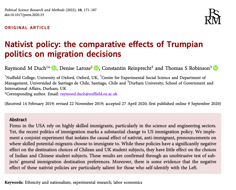 PSRMJournal's tweet photo. #Vol10Iss1 | #PSRM10 | By means of a conjoint experiment, @RayDuch,Denise Laroze @reinprechtc &amp; @nosnibor_mot look at the effect of anti-immigrant policies on where skilled potential-migrants choose to immigrate to.
#FreeAccess until the end of February
👉https://t.co/M9YV3PfabK https://t.co/KVHJFhRJCq