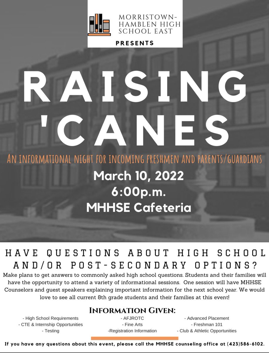 CaneCounseling's tweet photo. ⚠️Future Freshmen ⚠️
Mark your calendars for Raising Canes night at East High! We will be giving out lots of information about upcoming registration. #moeast #mhhse #hcboe https://t.co/u2cbtmIvsB