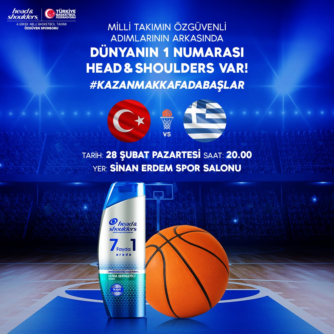 A Erkek Milli Basketbol Takımımız bu akşam sahaya çıkıyor. En büyük destekçileri ve özgüven sponsoru ise Dünyanın 1 Numarası Head&amp;Shoulders! 👊💪🏀 #KazanmakKafadaBaşlar <a href="/TBF/">TBF</a>