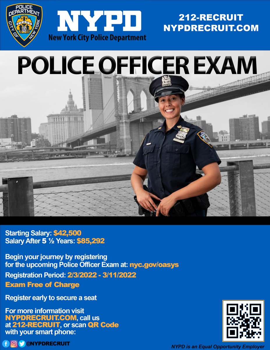 NYPD71Pct's tweet image. Registration for the next Police Officer exam is open until March 11. Begin your journey by signing up for the free exam. Visit nypdrecruit.com or call 212-RECRUIT. #NYPDRecruit #WhyIJoin #BetheChange