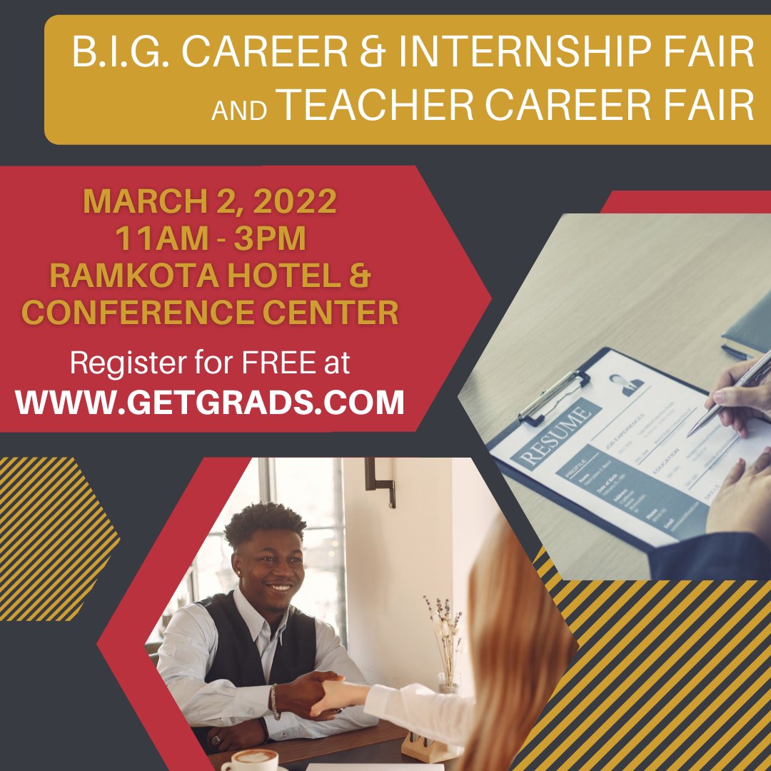LAST CHANCE TO REGISTER for the South Dakota B.I.G. Career &amp; Internship Fair and Teacher Career Fair! Register for free at getgrads.com

Wednesday, March 2, 2022 – 11:00am – 3:00pm
Ramkota Hotel and Conference Center – Sioux Falls, SD

#getbigjobs #sdteacherfair