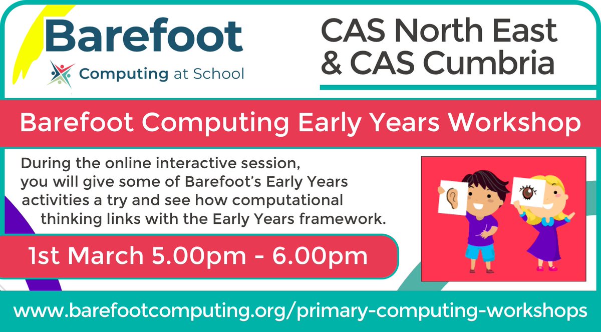 During the online interactive session you will give some of Barefoot's Early Years activities a try and see how computational thinking links with the Early Years framework

Book here: barefootcomputing.org/primary-comput…

<a href="/CompAtSch/">Computing at School</a>